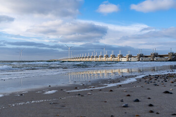 The Oosterscheldekering (Eastern Scheldt storm surge barrier) of the Delta Works flood protection...