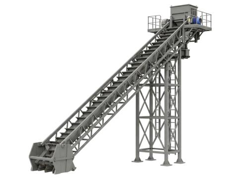 Industrial conveyor belt system with elevated platform and hopper isolated on transparent background