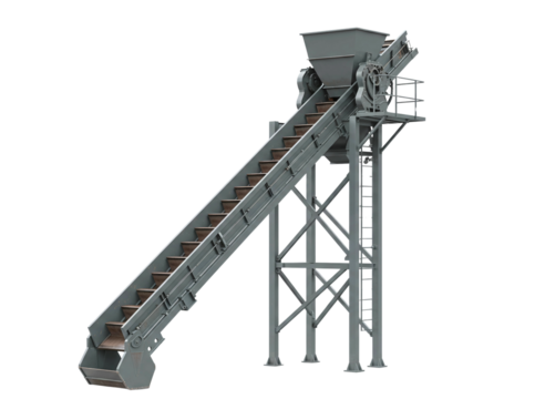 Industrial conveyor belt system with elevated platform and hopper isolated on transparent background