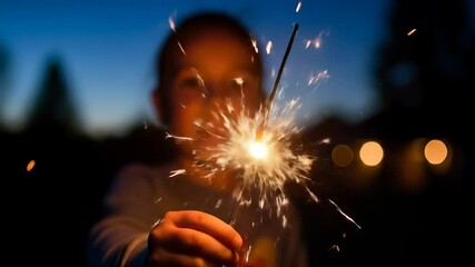 young child holds a brightly burning sparkler illuminating the dark evening with golden light and shimmering sparks. - Powered by Adobe