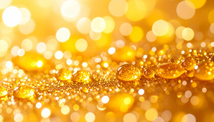 Golden droplets shimmer on a reflective surface with blurred light effects