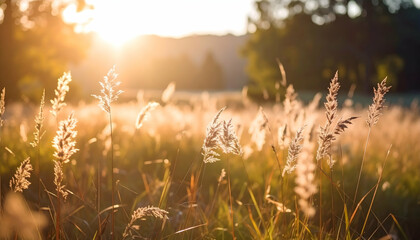 Sunset over golden grass fields in soft light