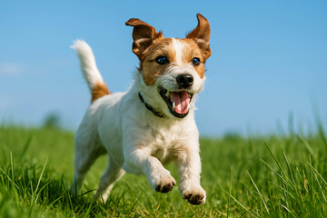 Happy Jack Russell Terrier Dog Running Energetically in Green Grass