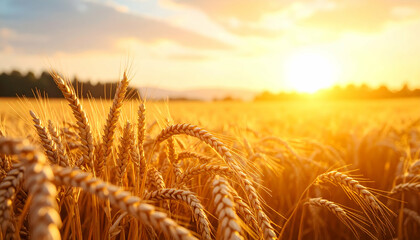 Golden wheat field against sunset sky with soft light and shadows