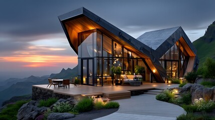 Modern hillside retreat with panoramic window design high resolution image