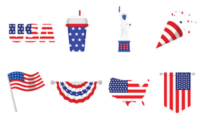 Flat vector set of patriotic USA symbols with soda, statue, and banner © Pentagrafis