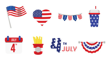 Collection of July 4th icons with hearts, fries, flags, and drinks