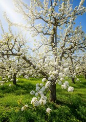 Fototapeta premium Springtime Orchard With Blooming Trees Under Sunlight