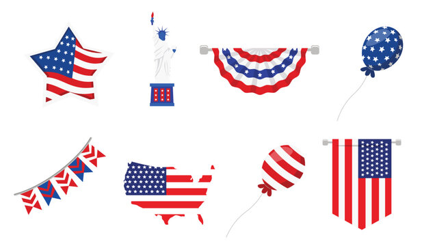 Independence Day Symbols with Statue of Liberty, Balloons, Maps, and Banners