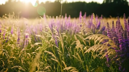 Golden hour sunlight illuminates a vibrant field of purple flowers and swaying grass creating a serene natural landscape. - Powered by Adobe