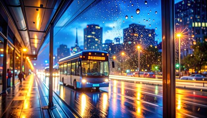 Fototapeta premium Rainy Night City Bus Stop