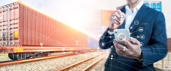 Smart logistics tracking system via mobile application, business man using phone to manage supply chain and container transport with digital network technology, GPS, IoT, and cloud integration system