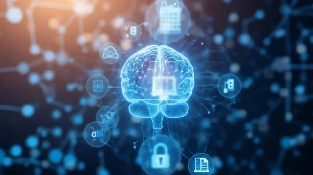 Artificial intelligence ecosystem concept showing digital brain and connected icons, symbolizing cloud computing, data processing, machine learning, automation, and cybersecurity. 4k video - Powered by Adobe
