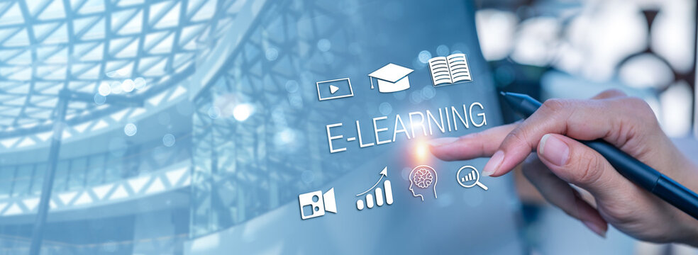 Business hand touching virtual interface with online learning icons, e-learning concept, digital education, webinar platform, internet course, remote training, virtual classroom, online technology.