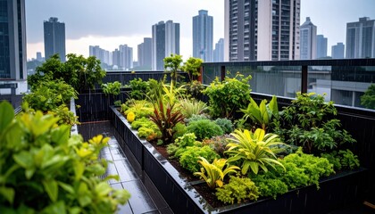 Fototapeta premium Urban Rooftop Garden In Rain