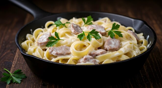 Linguina de pasta con h&iacute;gado de pollo frito, vista superior