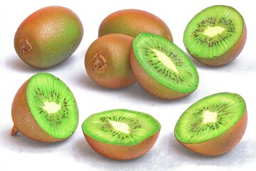 Fototapeta premium Set of Kiwi fruit, whole and sliced kiwi isolated on white background