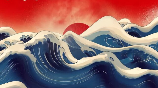Japanese wave art with red sun and ocean

