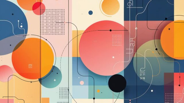 Abstract geometric background colorful circles lines modern artistic design vibrant shapes smooth curves soft pastel bold tones seamless pattern
