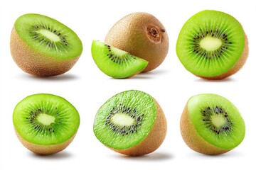Fototapeta premium Set of Kiwi fruit, whole and sliced kiwi isolated on white background