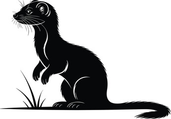 Wild Weasel Illustration Standing on Grass, Detailed Animal Silhouette, Nature Wildlife Vector Art, Cute Weasel Drawing for Logo Design