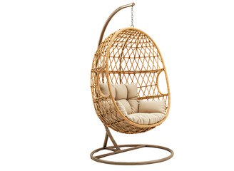 Fototapeta premium Wicker hanging egg chair with blue cushions isolated on transparent background