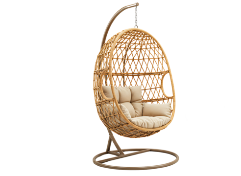 Wicker hanging egg chair with blue cushions isolated on transparent background
