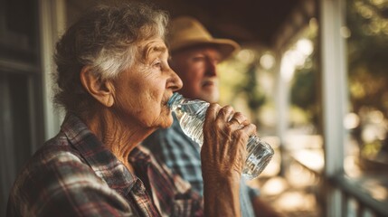 Elderly woman drinking water outdoors with man in background, warm natural light. Elderly person drinking water on shaded porch, concept of hydration and aging