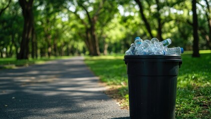 Fototapeta premium Trash can overflowing with plastic bottles in park