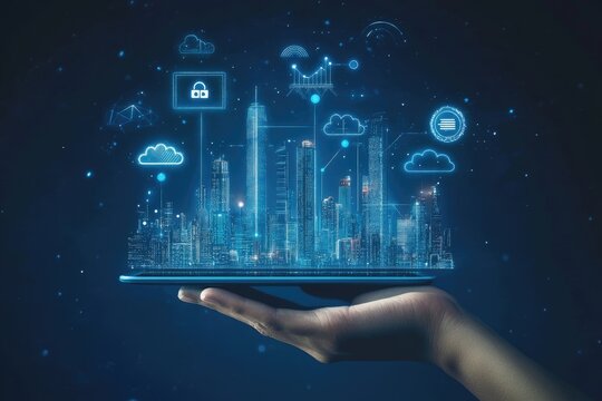Hand holding a tablet displaying a digital city with interconnected data icons