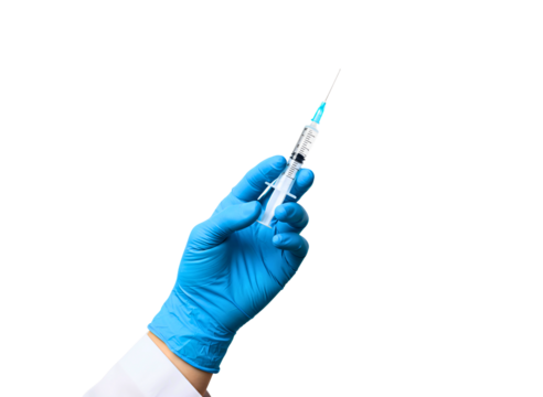 Doctor s hand wearing blue glove holding medical syringe with liquid isolated on transparent background