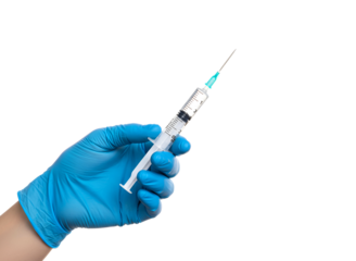 Doctor s hand wearing blue glove holding medical syringe with liquid isolated on transparent background