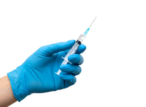 Doctor s hand wearing blue glove holding medical syringe with liquid isolated on transparent background