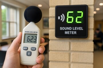 A hand holds a sound level meter, displaying a reading of 62.3 decibels, next to a digital display showing 62 decibels. This image is ideal for illustrating noise level measurement, acoustics.