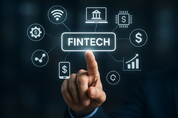 The image depicts a digital illustration representing a person's interaction with financial technology, showcasing the future of banking. The sleek.