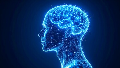 Glowing neon blue neural network forms a detailed human head on a dark futuristic background, showcasing intricate brain-like 3D render.