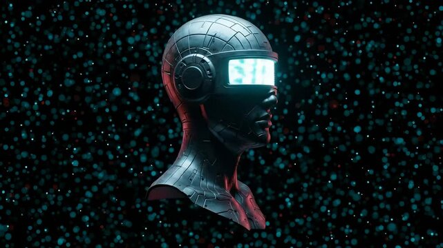 futuristic robotic bust with a glowing digital visor slowly rotates against a dark particle-filled background.