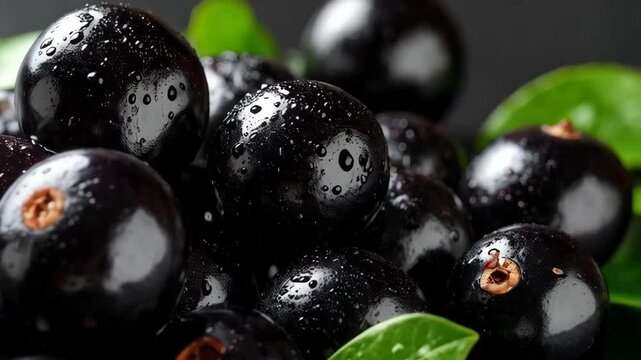 Close-up pile of glistening jabuticaba fruits on dark surface with vibrant green leaves, depicting a tropical harvest and freshness.