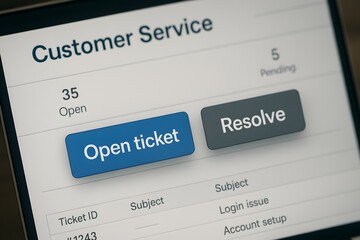 Close-up of a digital interface displaying customer service data, with the focus on 'Open ticket' button, capturing the essence of tech-driven interaction.