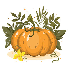 Autumn illustration, hello autumn, harvest advertising banner, set of flat pumpkins and colorful leaves, postcard.