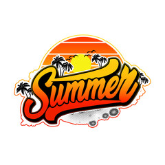 Typography vibrant summer t-shirt design. Retro beach vibes and tropical fun with plam trees, sunset, birds and gradient color Custom black t-shirt design. Vector illustration.