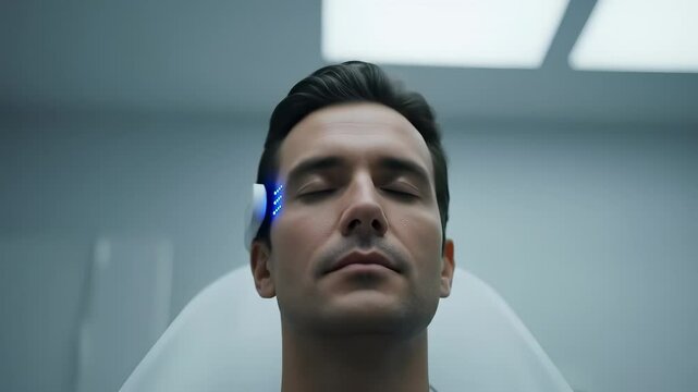 calm man with a futuristic brain stimulation device featuring blinking blue lights relaxes during a therapy session.