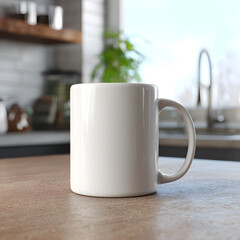 blank mockup of a mug on a kitchen counter with blurred interior background