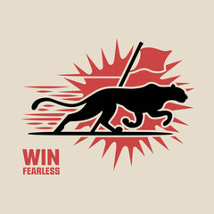 Black panther running with a red flag and sunburst graphic conveying a message of winning and fearlessness with bold stylized vector art