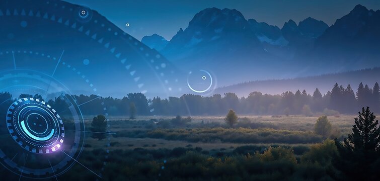 Misty valley with futuristic digital overlay. Sci-fi HUD elements in serene landscape. Panoramic nature scene with high-tech graphics.
