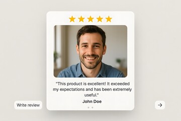 A testimonial showcases a satisfied customer, accompanied by a five-star rating, the man shares his experience. The image represents a positive endorsement and customer satisfaction.