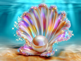 Iridescent Pearl in Scallop Shell Underwater – Dreamy 3D Render
