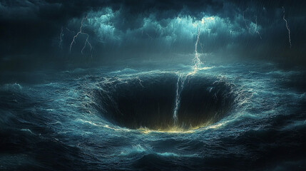 Lightning strikes ocean whirlpool under stormy sky