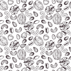 Seamless vector pattern. Nuts, walnuts, hazelnuts, cashews, almonds, and pistachios, all objects are hand-drawn in vector. For printing on fabric, paper, for food packaging design.