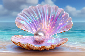 Iridescent Pearl in Scallop Shell Underwater – Dreamy 3D Render
